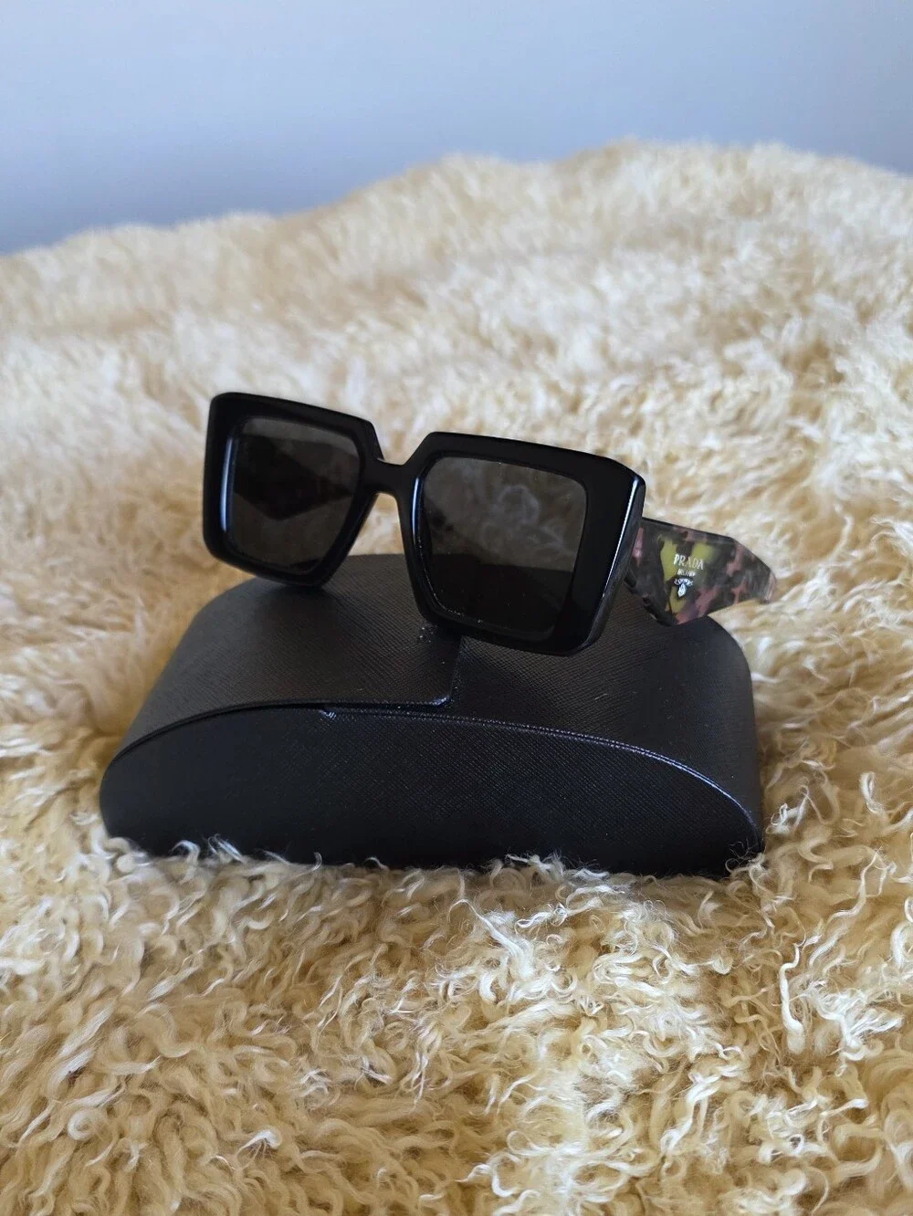 Black Prada Oversized Square Black Tortoise Shell Sunglasses With Matching Case